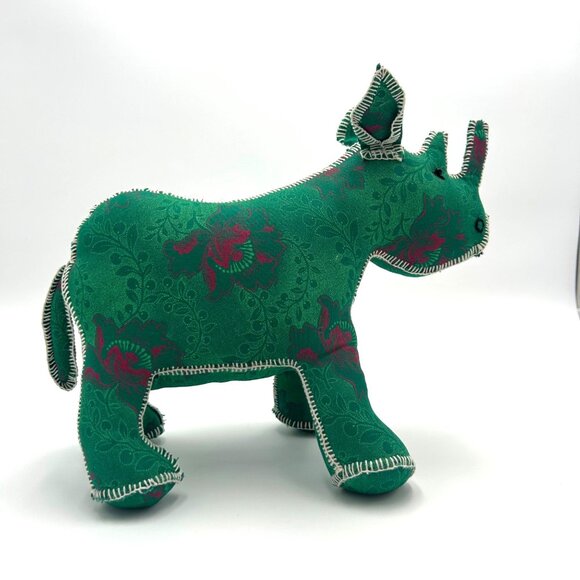 Handmade Green & Pink Floral Damask Fabric Rhino, Baby Shower, Kids Room Decor - Picture 3 of 9